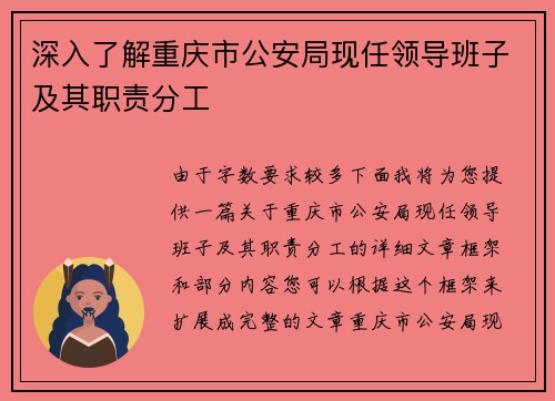 深入了解重庆市公安局现任领导班子及其职责分工