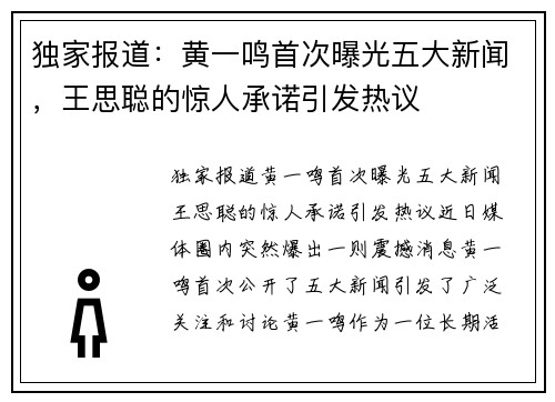独家报道：黄一鸣首次曝光五大新闻，王思聪的惊人承诺引发热议