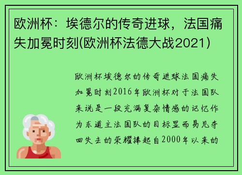 欧洲杯：埃德尔的传奇进球，法国痛失加冕时刻(欧洲杯法德大战2021)