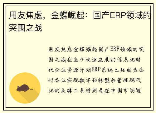 用友焦虑，金蝶崛起：国产ERP领域的突围之战