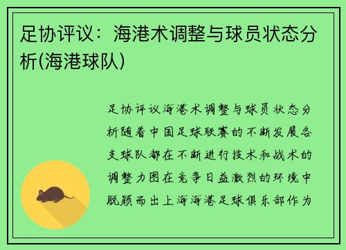 足协评议：海港术调整与球员状态分析(海港球队)
