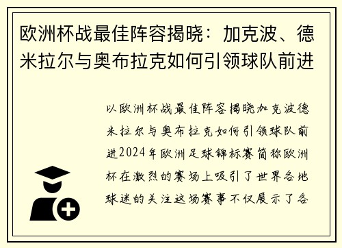 欧洲杯战最佳阵容揭晓：加克波、德米拉尔与奥布拉克如何引领球队前进