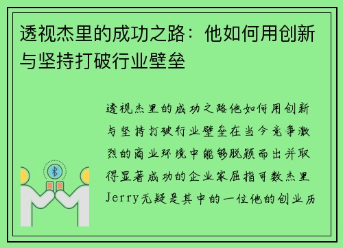 透视杰里的成功之路：他如何用创新与坚持打破行业壁垒